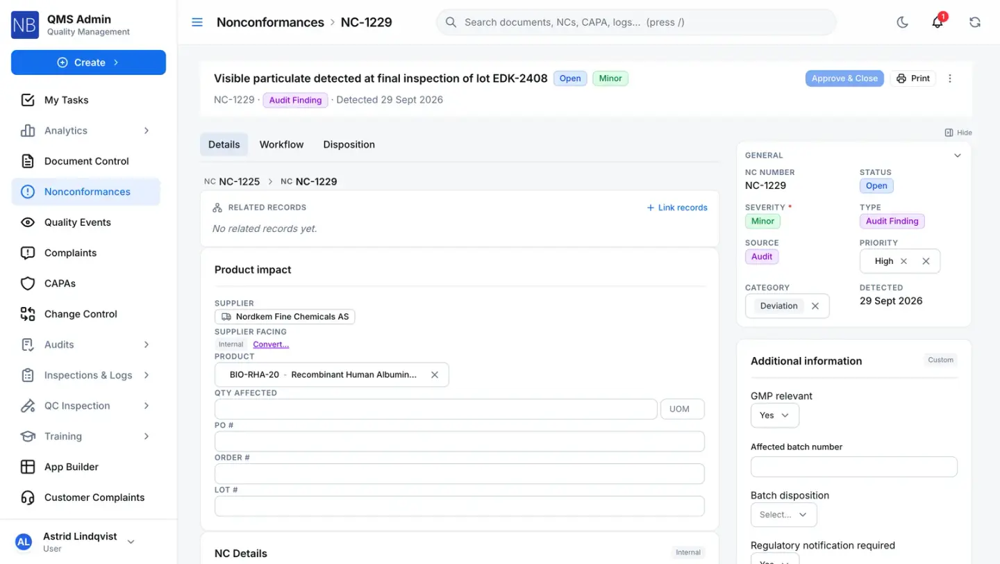 A nonconformance at Open, showing its type, severity, source and category, the supplier and product it concerns, and the NC it was raised from.