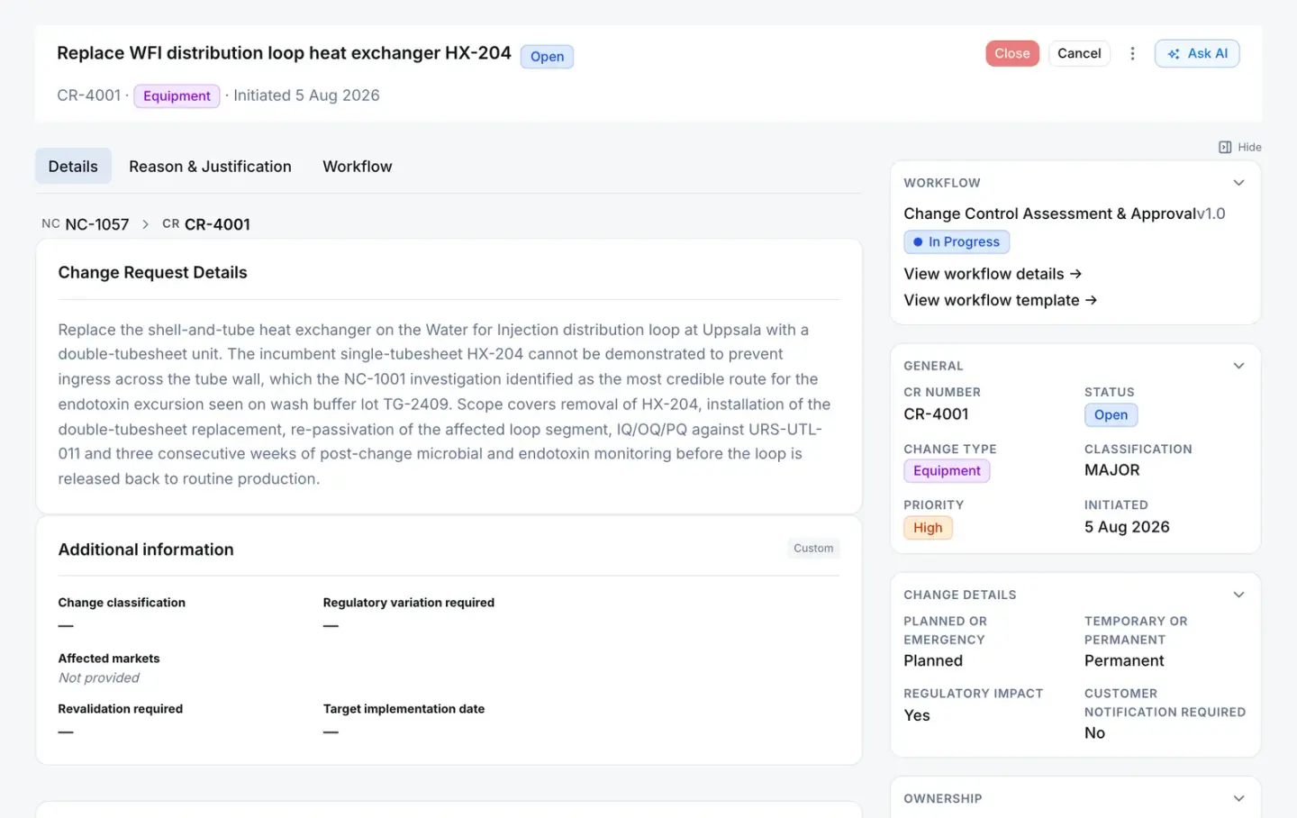 Change request CR-4001, raised from nonconformance NC-1057, with its reason for change and its approval workflow in progress.