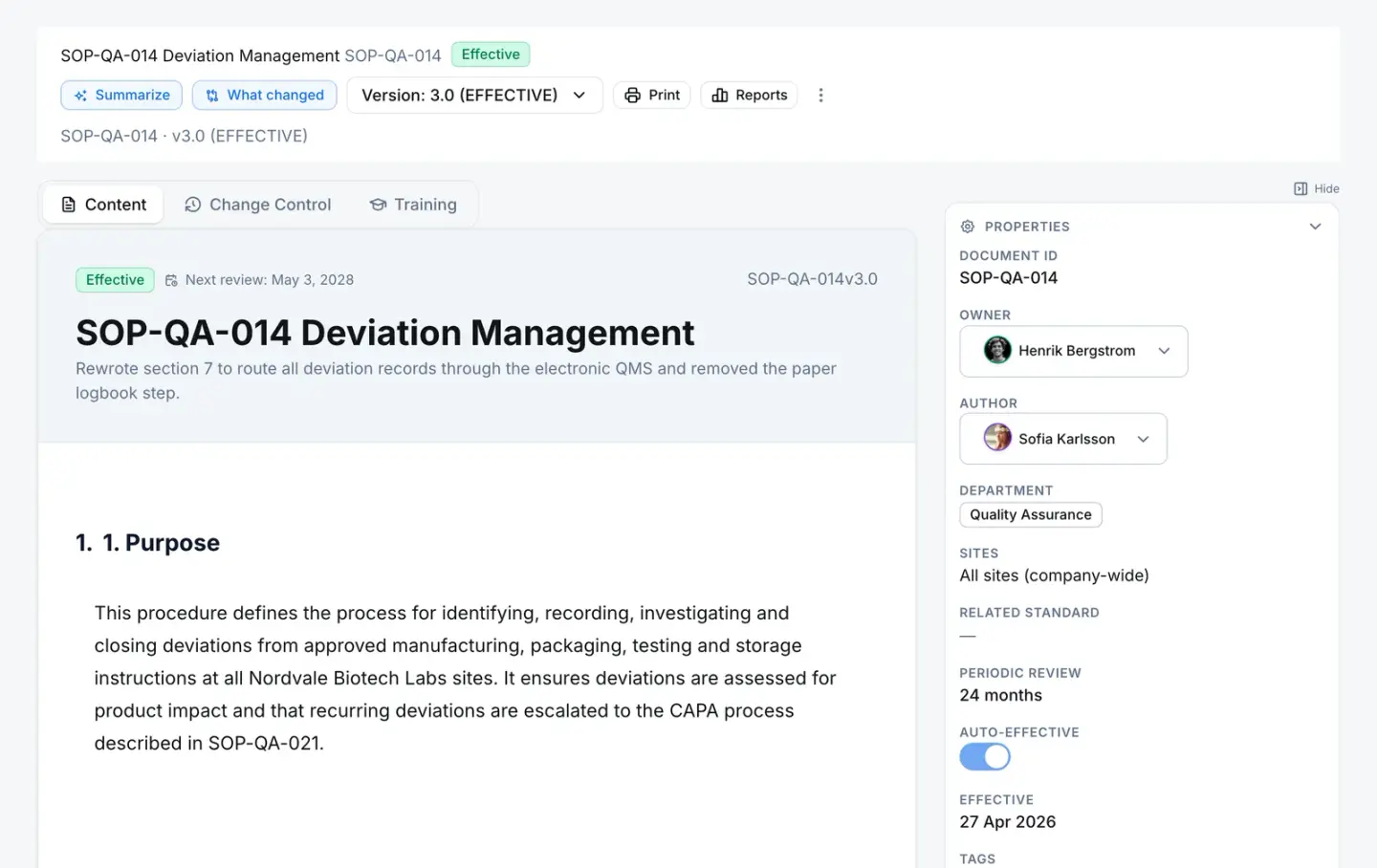 SOP-QA-014 Deviation Management at version 3.0, marked Effective, with its version selector, periodic review interval and effective date.