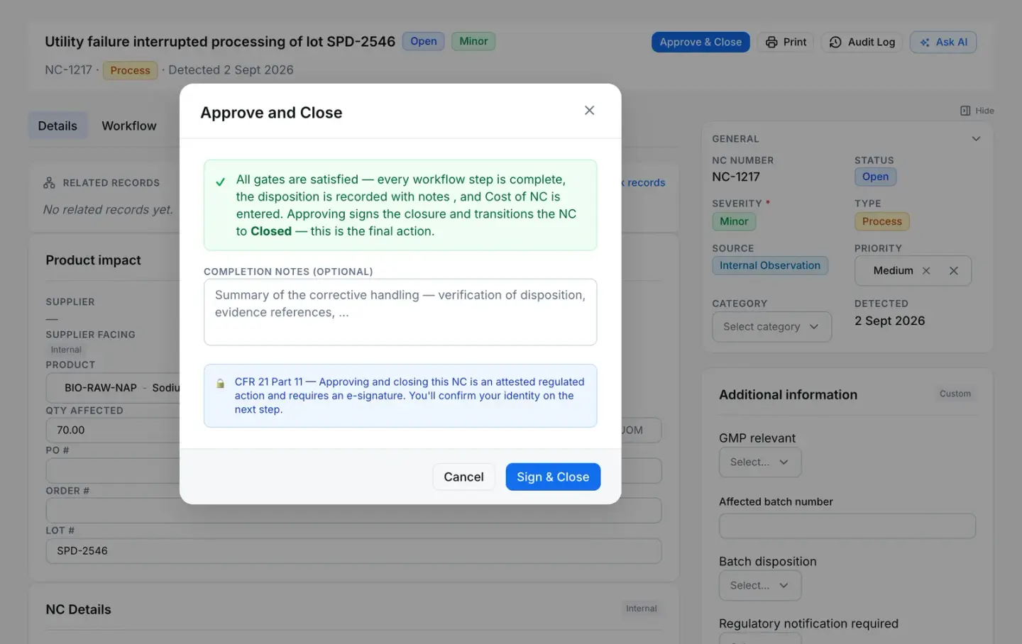 Nonconformance NC-1217 with the Approve and Close dialog open: every gate satisfied, and a notice that closing requires an electronic signature.