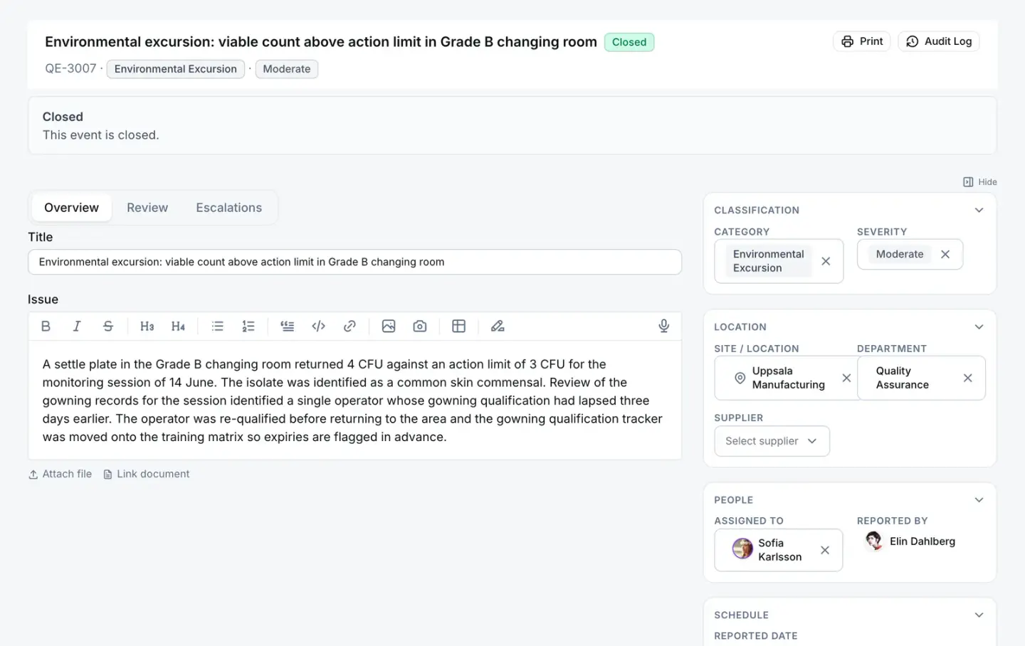 Quality event QE-3007, an environmental excursion in a Grade B changing room, with its category, severity, site, the person who reported it and the reviewer it was assigned to.