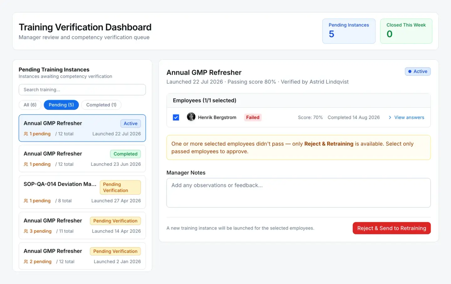 The training verification queue: an employee scored 70% against an 80% passing score, so the manager can only reject and send them to retraining.