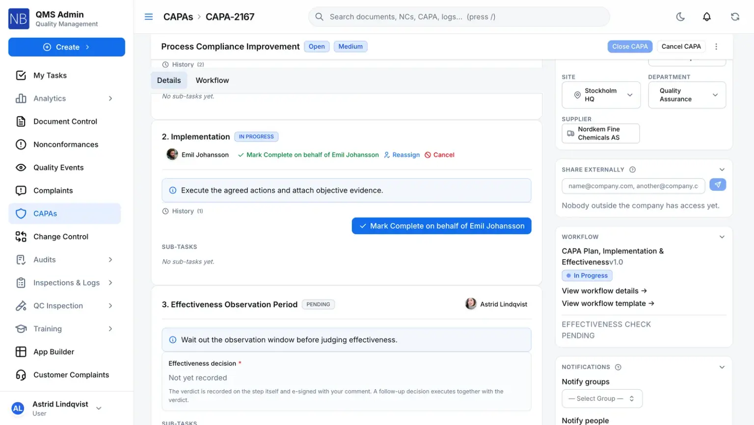 The Effectiveness Observation Period step on a CAPA's workflow, under its own owner, with the effectiveness decision not yet recorded and the note that the verdict is e-signed on the step with a comment.