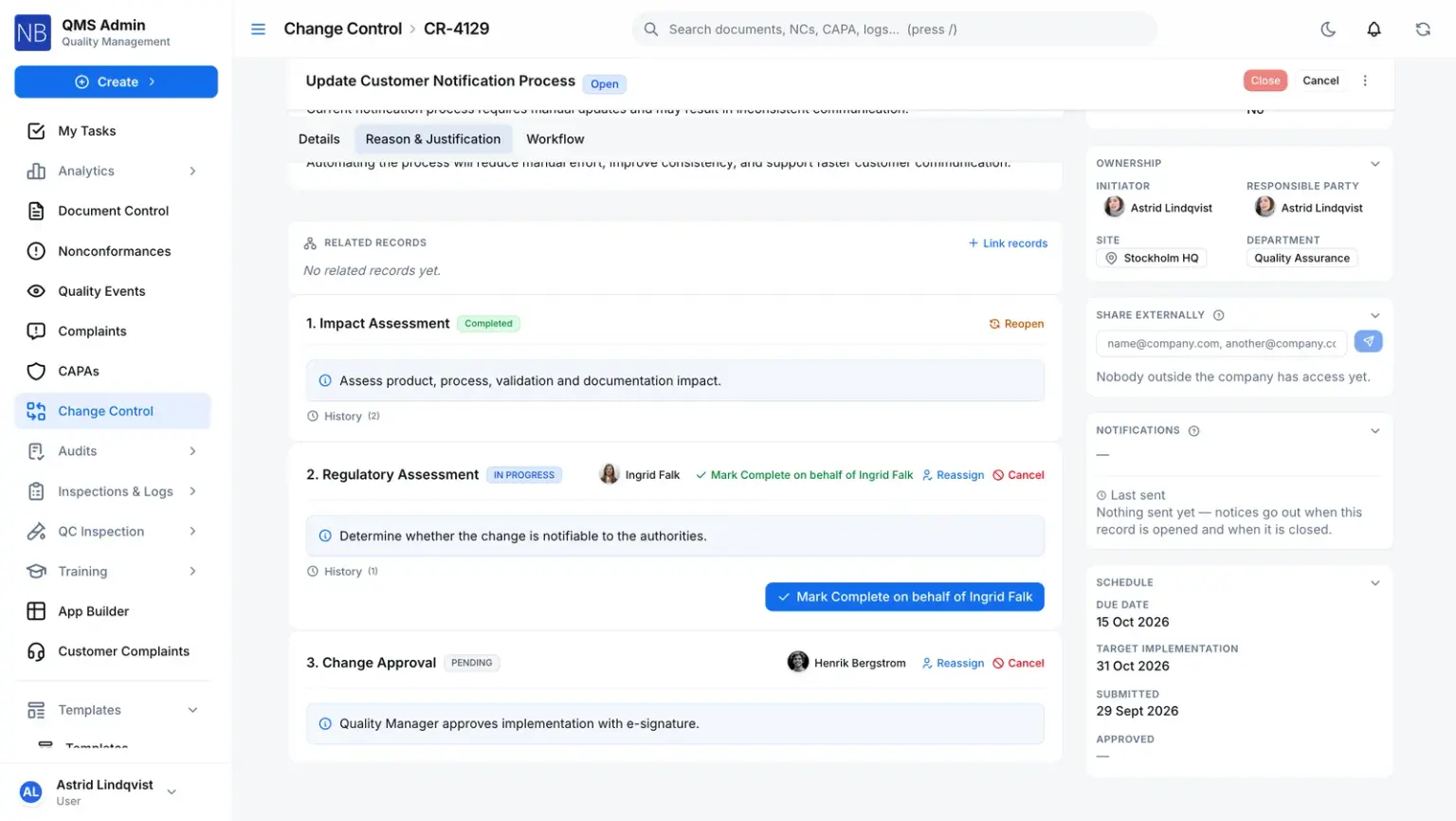 The approval steps on an open change request: impact assessment completed, regulatory assessment in progress with its assignee, and the e-signed change approval still pending.
