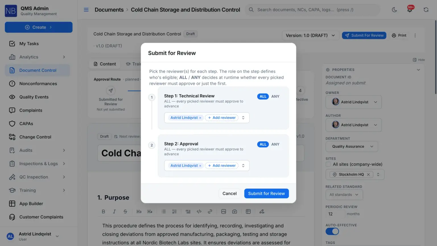 A draft SOP being submitted for review: its approval steps in order — technical review, then approval — each with the reviewers picked for it and whether all or any of them must approve.
