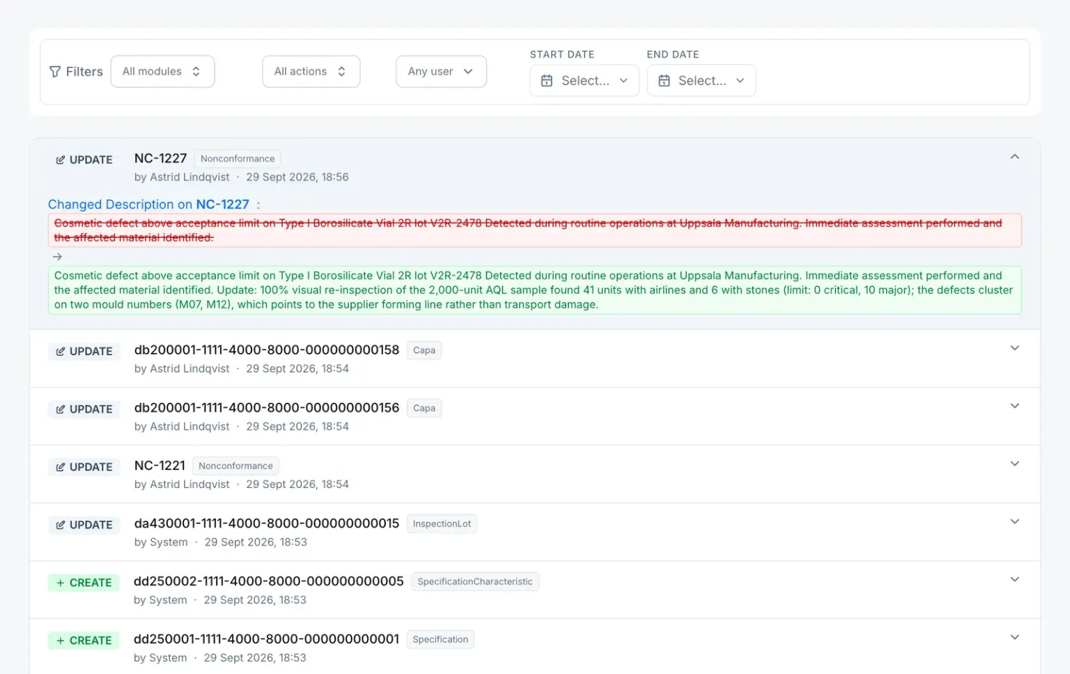 The audit trail as an auditor would see it: entries stamped with user, action and time, one expanded to show the before-and-after change to a nonconformance.