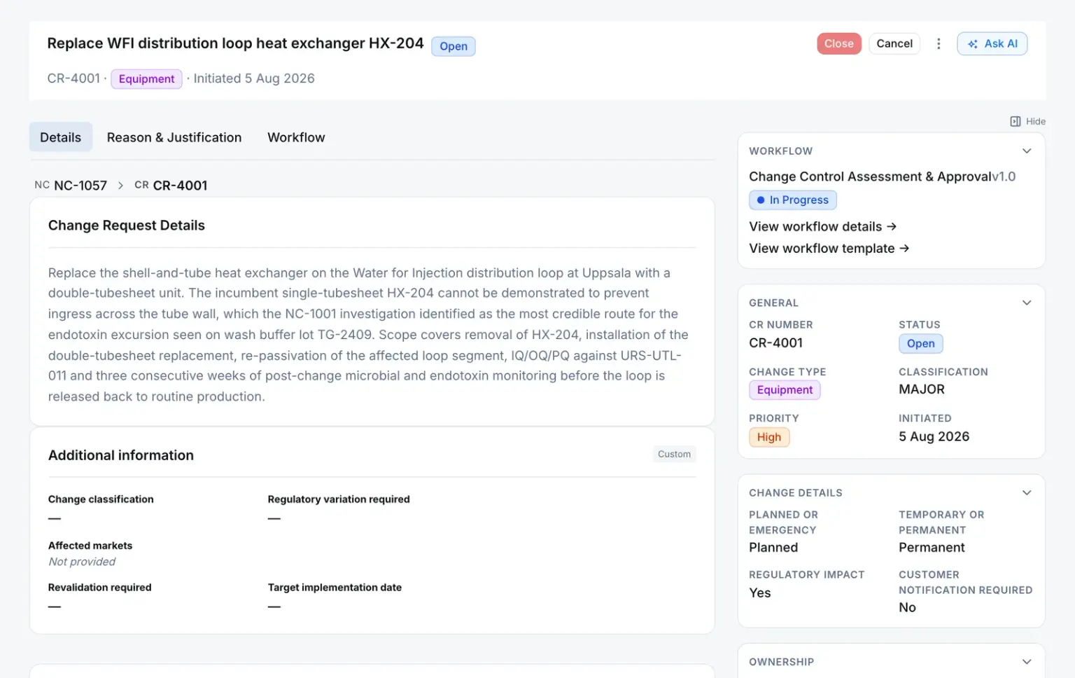 Change request CR-4001 in QAbility: open, classified major, with the breadcrumb showing it was raised from nonconformance NC-1057, its description, and its approval workflow in progress.