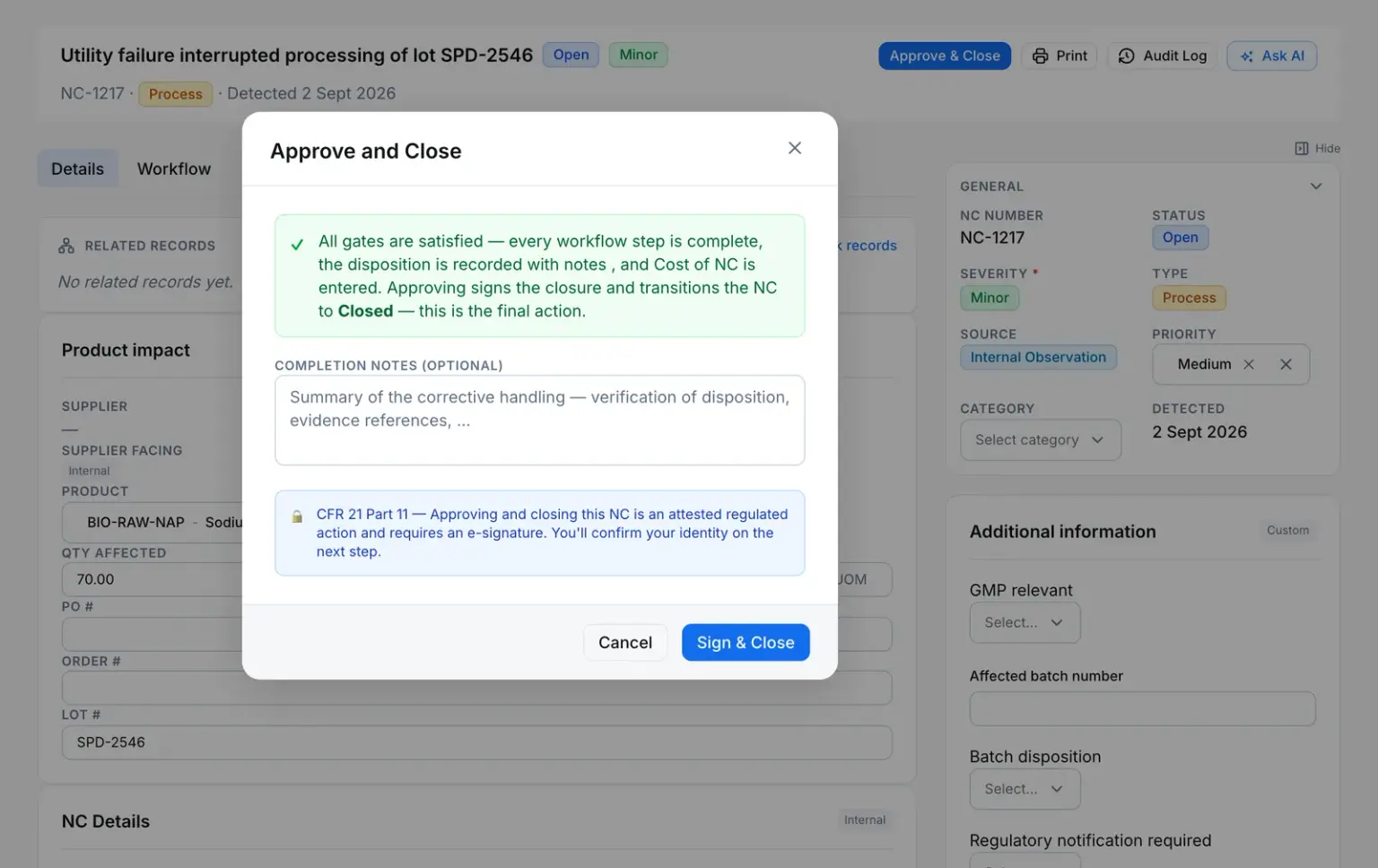 Nonconformance NC-1217 with the Approve and Close dialog open: every gate satisfied, and a notice that closing requires an electronic signature.