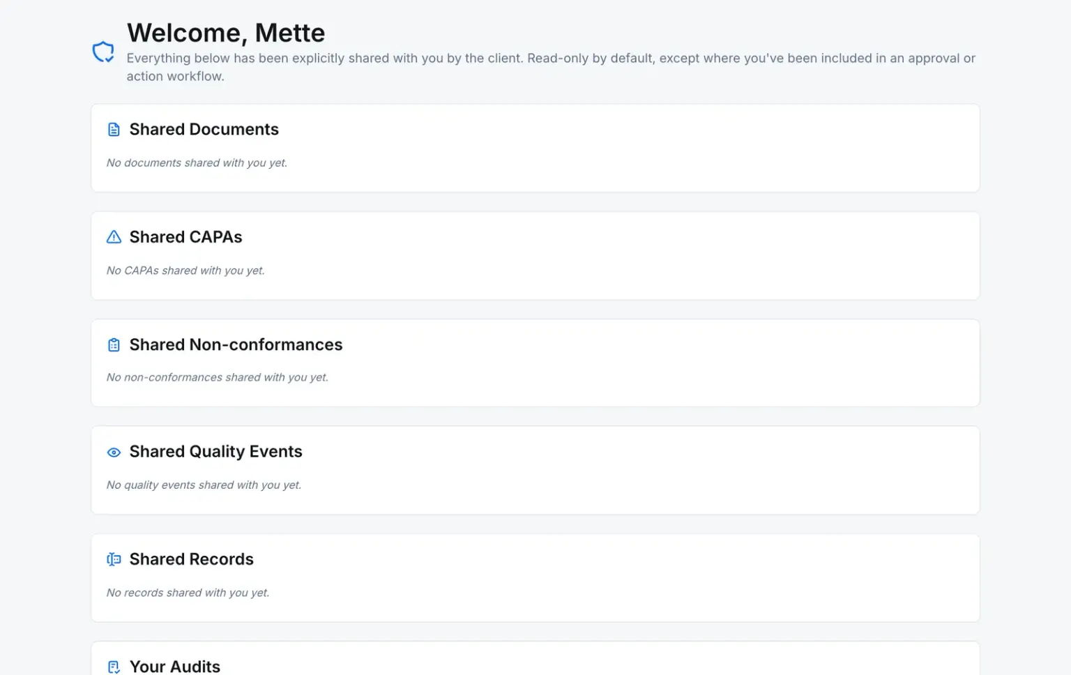The supplier portal as a supplier's own user sees it: its own reduced navigation, and a dashboard stating that everything shown has been explicitly shared by the client, with no documents, CAPAs, nonconformances or quality events shared yet.