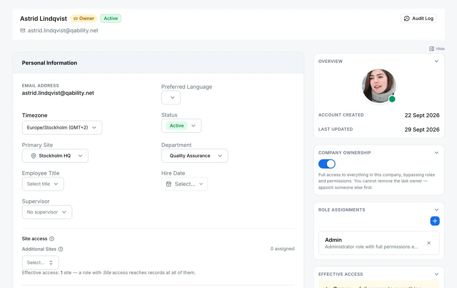 Multi-Site & Departments: a user's record with a primary site, a department, and a separate additional-sites control whose effective-access line explains that site-scoped roles reach every assigned site.
