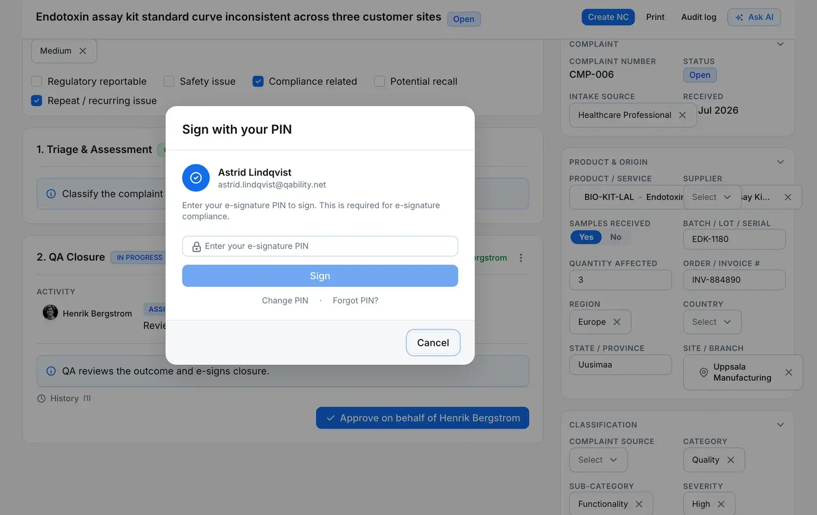 An open quality complaint with its QA assessment flags, with compliance related and repeat issue ticked, and the e-signature PIN prompt raised on its QA Closure approval step.