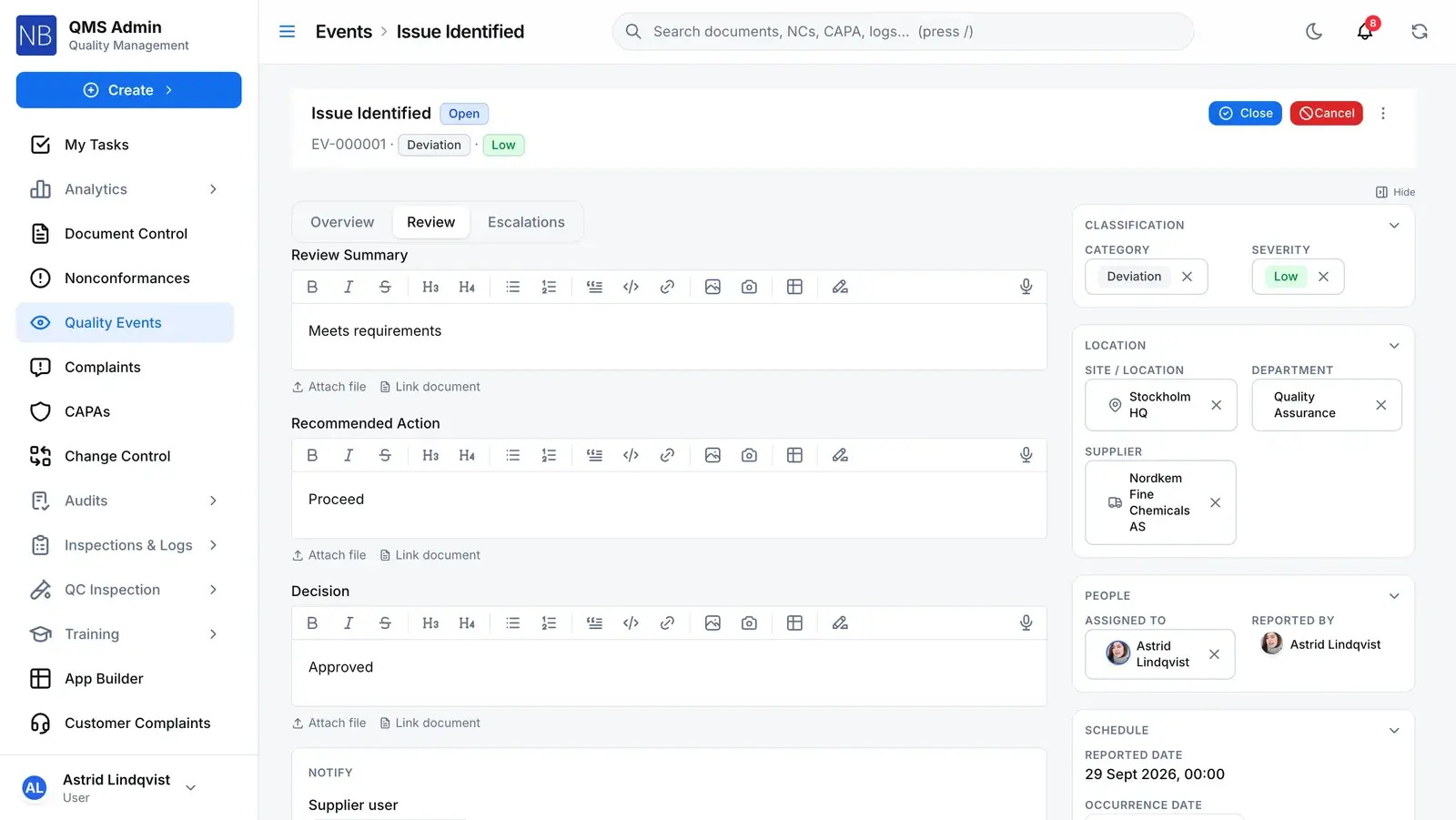 The review tab on an open quality event, with the review summary, recommended action and decision filled in before it can be closed.