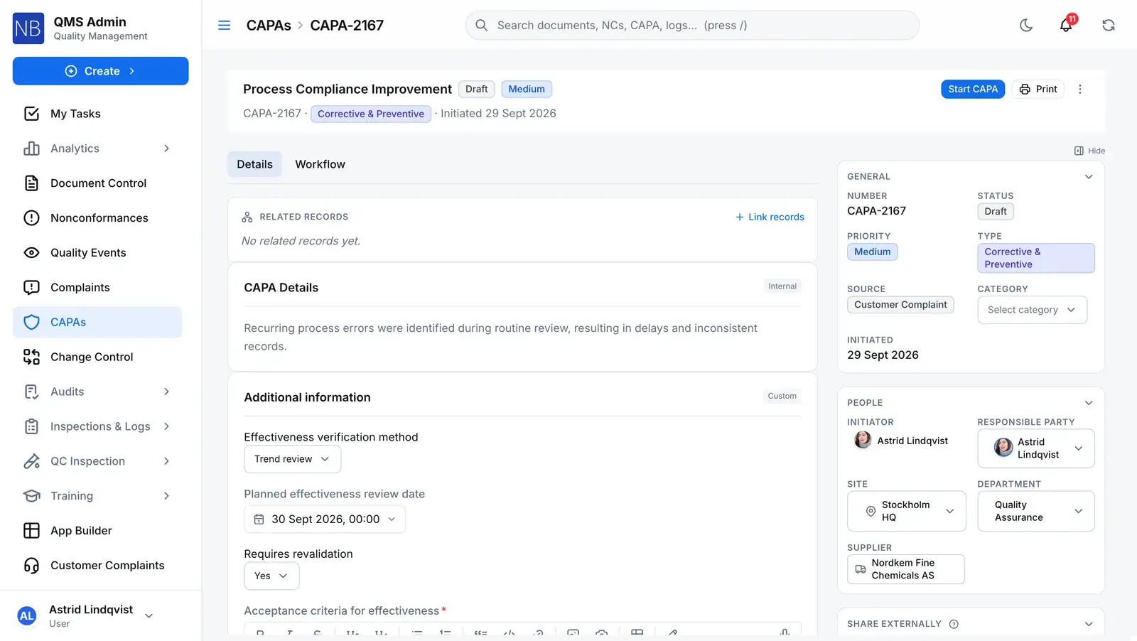 A CAPA record in QAbility at Draft, showing its priority, type and source, its responsible party, site and supplier, and the effectiveness verification method and review date planned for it.
