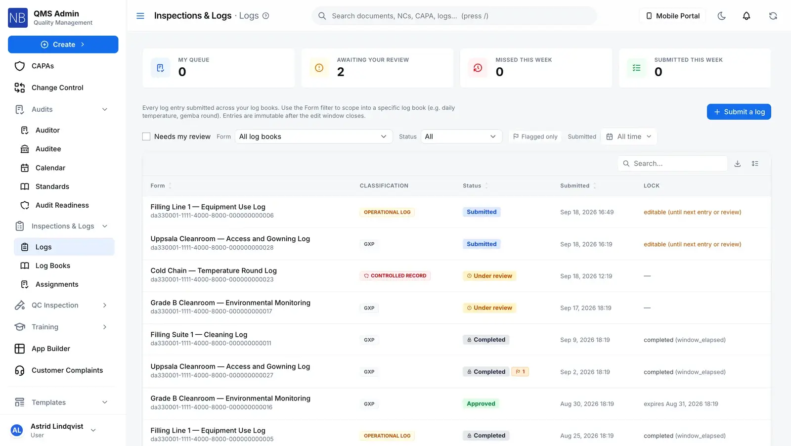 Inspections & Log Books: submitted log entries with their classification, review status and whether each is still inside its edit window or already locked.