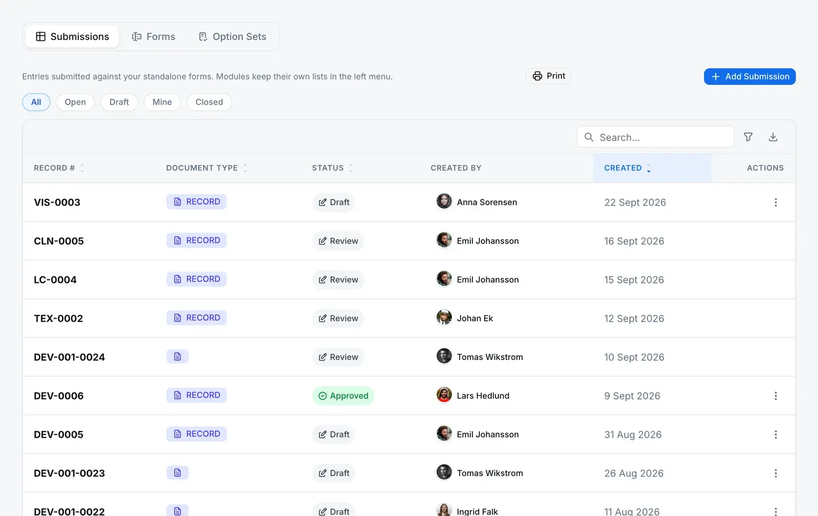 Records captured on forms built in the app builder, each with its own numbering sequence and a draft, review or approved status, with the custom modules listed in the main navigation.