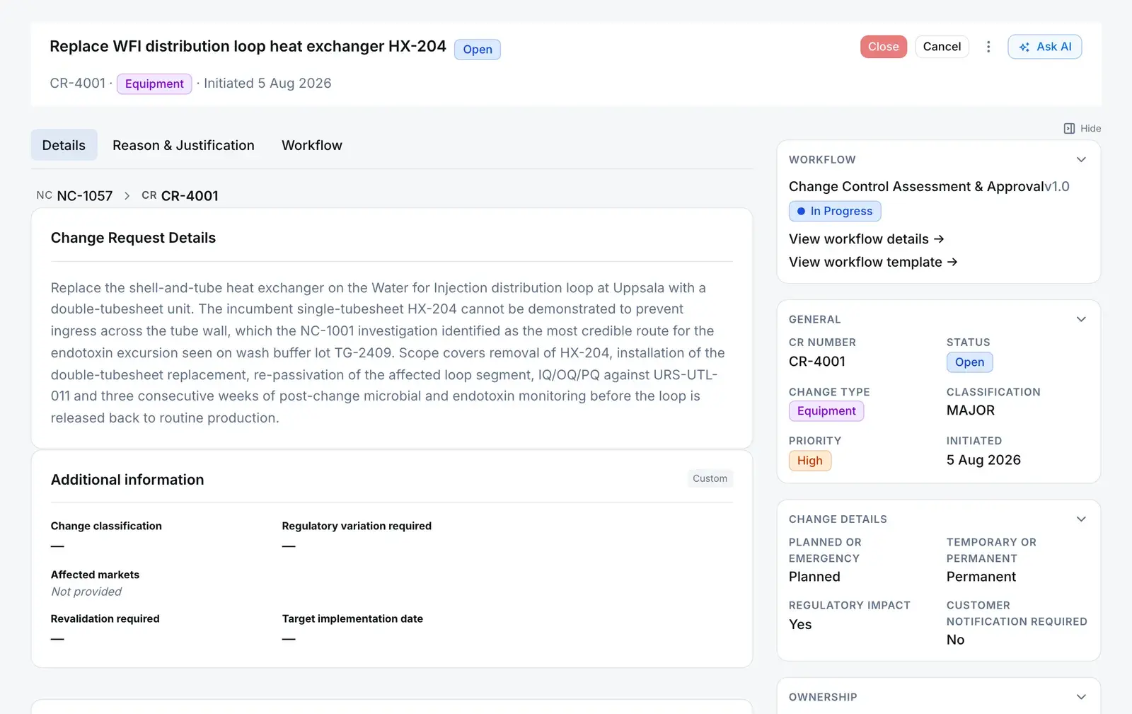 Change request CR-4001, open and classified major, with the breadcrumb showing it was raised from nonconformance NC-1057, its change request details, and its change details: planned, permanent, with regulatory impact and no customer notification.