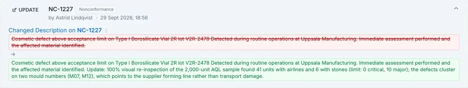 An audit trail entry for NC-1227: who changed the description and when, with the previous text struck through in red and the new text in green.