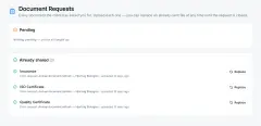Supplier Portal: a supplier's own workspace, with its reduced navigation and a document-request queue of files already shared, each replaceable.