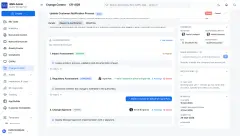 Change Control: an open change request with its approval chain, with one step completed, one in progress and the signed approval pending.