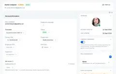 Multi-Site & Departments: a user's record with a primary site, a department, and a separate additional-sites control whose effective-access line explains that site-scoped roles reach every assigned site.