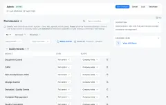 Roles & Permissions: the Admin role's permission matrix, each module with its access level and scope, beside the role's description and assigned users.