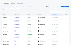App Builder: records captured on custom forms, each with its own numbering prefix, a draft, review or approved status, its author and creation date.