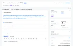 Complaint Management: a new customer ticket received by email, with its conversation panel, reply composer, assignment and customer details.