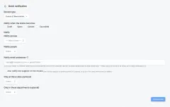 Automation Rules: a quick-notification rule being set up — record type, the statuses that trigger it, who to notify, and optional site and department scope.