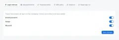 Security settings: the sign-in methods a tenant allows, with tabs for allowed domains, password policy, MFA policy, sessions and single sign-on.